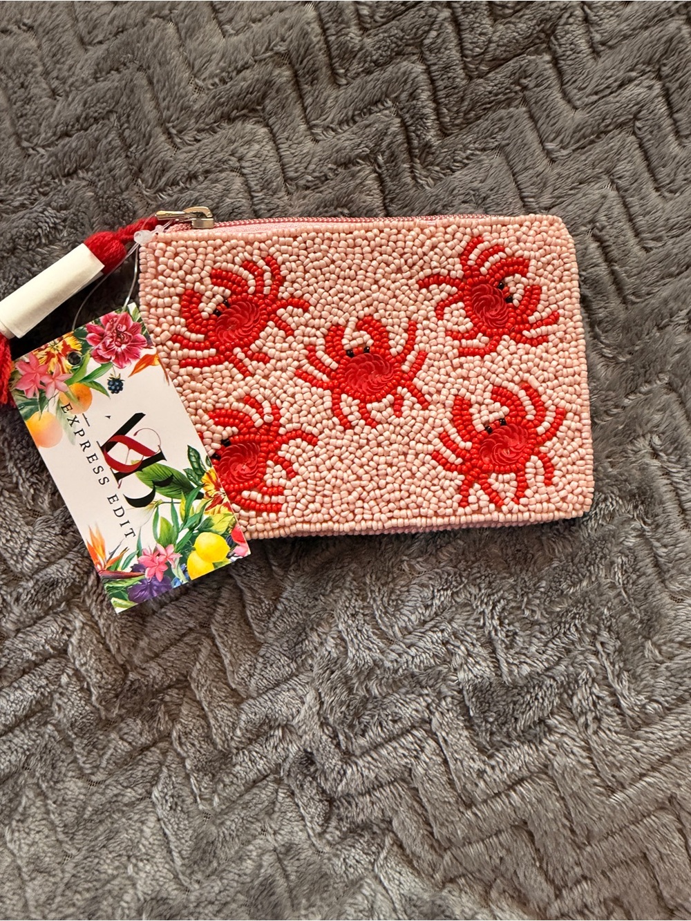 Express Pink Beaded Wristlet with Red Crab Motif